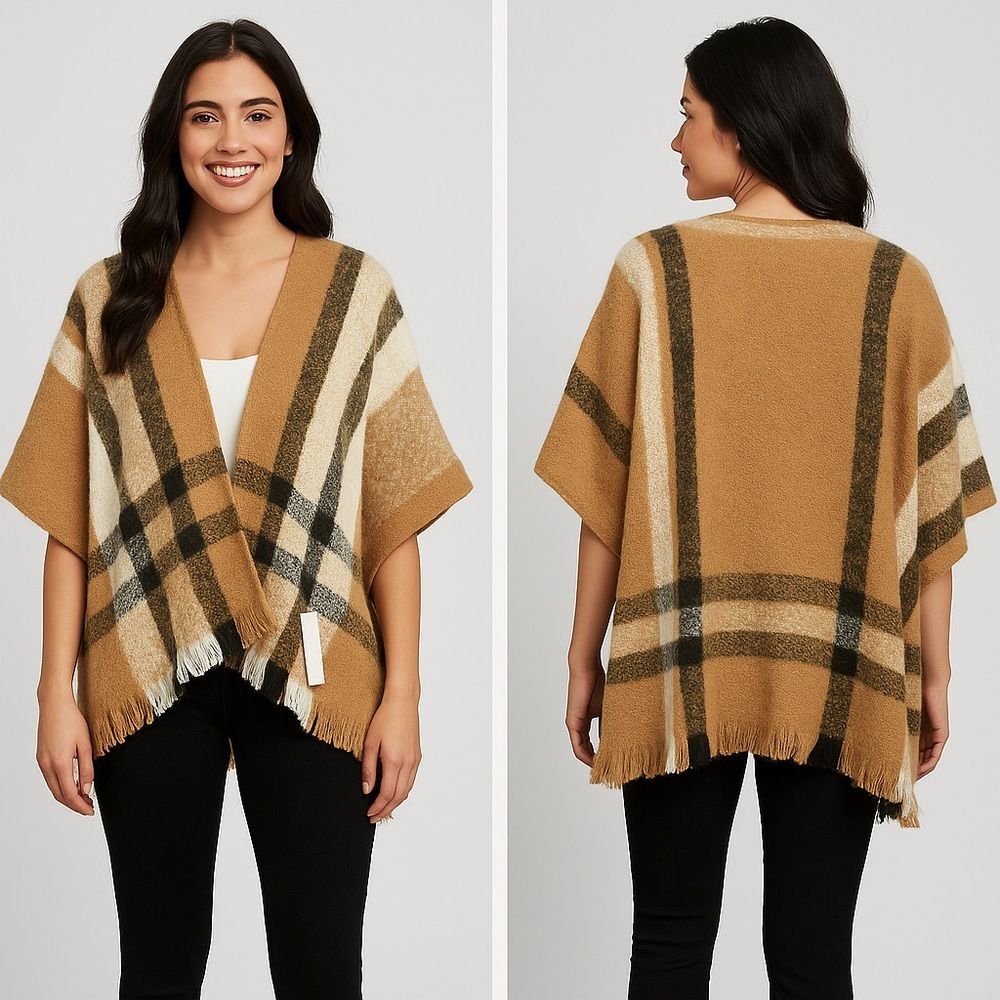 NWT Nine West Women’s Brown Plaid Knit Open Poncho Fringe One Size Sweater
